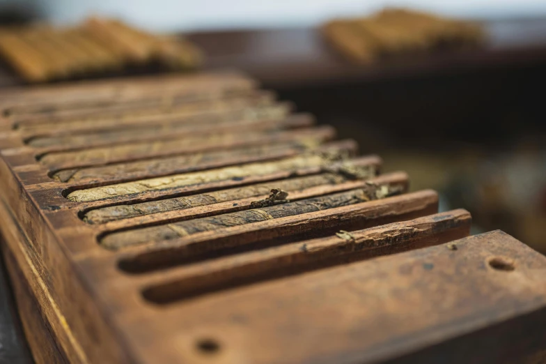 a row of cigars sitting on top of a wooden table, by Daniel Lieske, pexels contest winner, favela honeybee hive, mechanical detail, xylophone, shot on sony a 7 iii