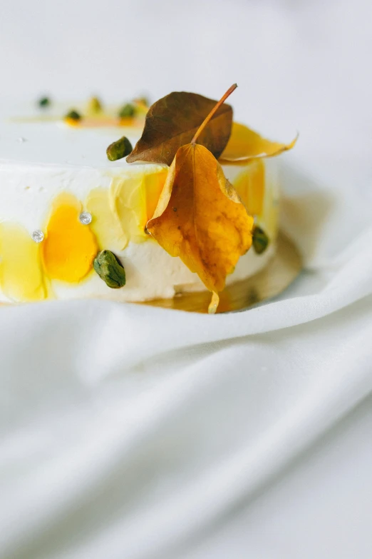 a close up of a plate of food on a table, a still life, inspired by Antonio Rotta, unsplash, gold leaves, cake, with a white background, mango