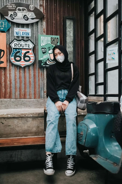 a woman sitting on a bench next to a scooter, by Abidin Dino, trending on pexels, realism, baggy jeans, black bandana mask, standing in a restaurant, ulzzang