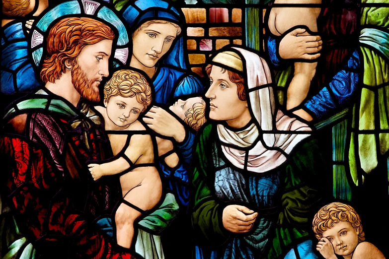 a group of people standing around a stained glass window, inspired by Edward Burne-Jones, pixabay, with infant jesus, happy family, closeup, slide show