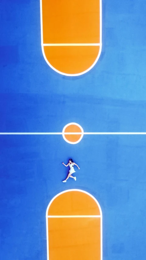 a man standing on top of a basketball court holding a racquet, inspired by Hans Mertens, dribble, orange and blue color scheme, shot from 5 0 feet distance, girl running, filmstill