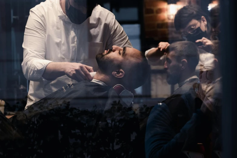 a man getting his hair cut by a barber, pexels contest winner, casey baugh and james jean, alessio albi and shin jeongho, thumbnail