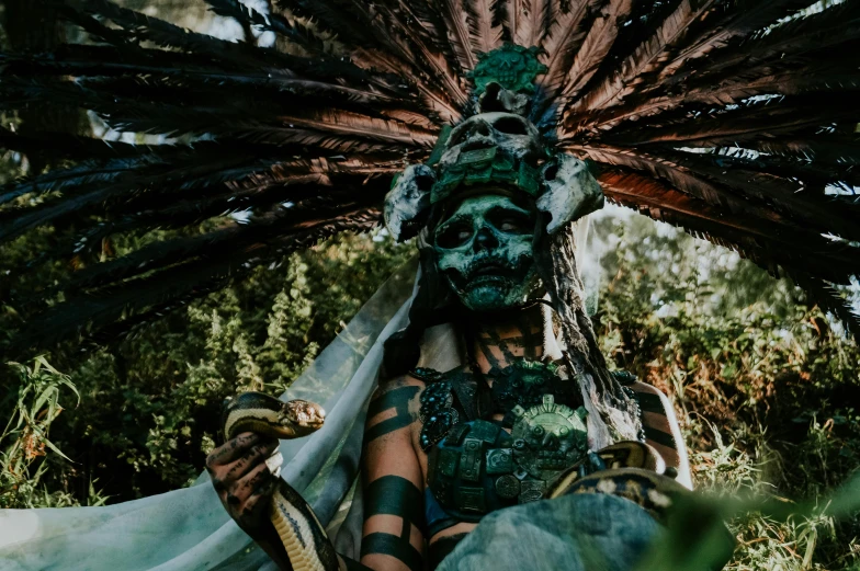 a close up of a person in a costume, by Alejandro Obregón, pexels contest winner, the emerald herald in the garden, apocalypto, justina blakeney, sinister pose
