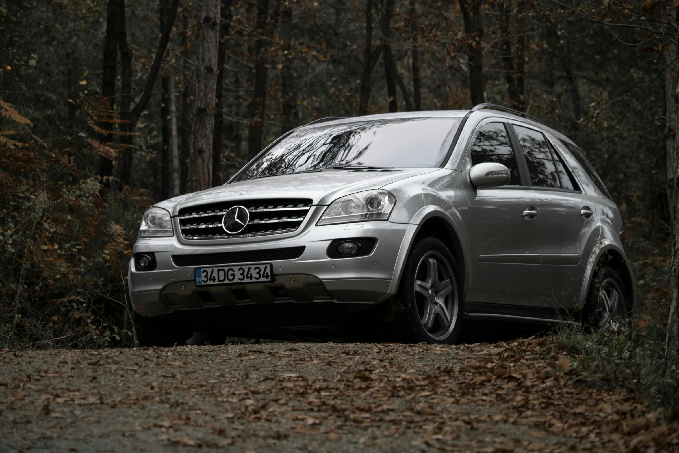 a silver mercedes suv parked on a dirt road, pexels contest winner, autum, 2 0 0 9, caucasian, hyperdetailed