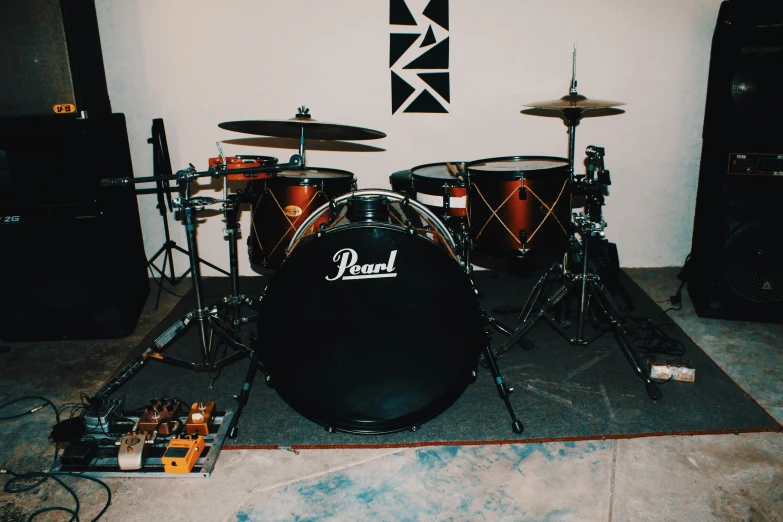 a drum set up in the corner of a room, an album cover, pexels contest winner, vantablack cloth technology, back rooms, profile image