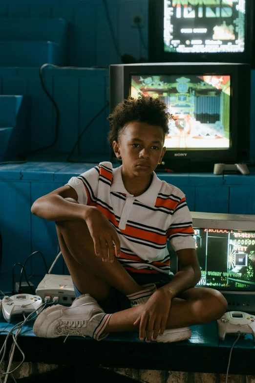 a boy sitting on the floor in front of two televisions, afrofuturism, games, style of stranger things, summertime, ignant