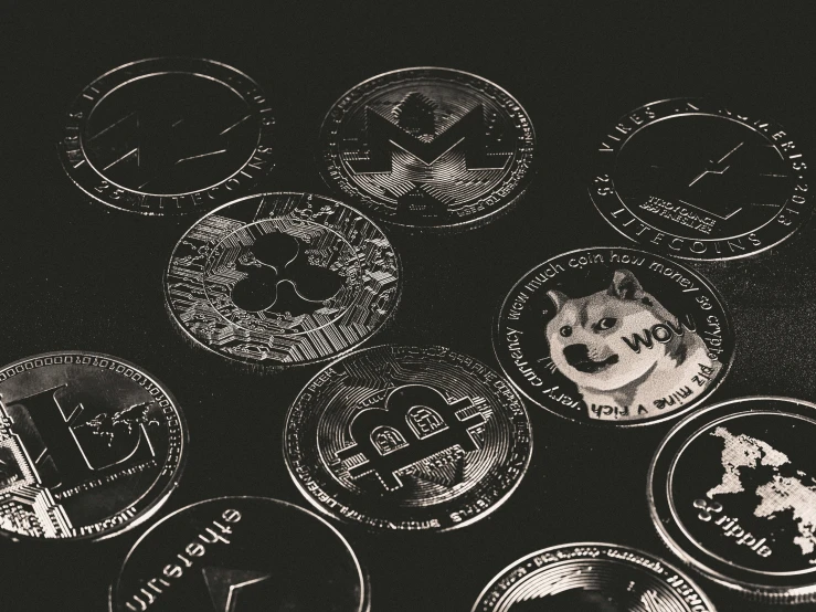 a bunch of coins sitting on top of a table, a black and white photo, trending on unsplash, edible crypto, doge, on a flat color black background, shields