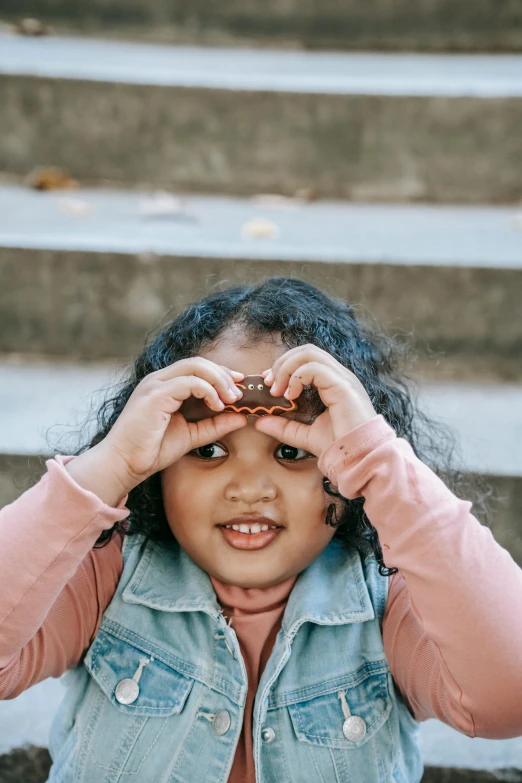 a little girl holding a donut in front of her eyes, pexels contest winner, visual art, rose gold heart, with brown skin, female explorer mini cute girl, stacked image