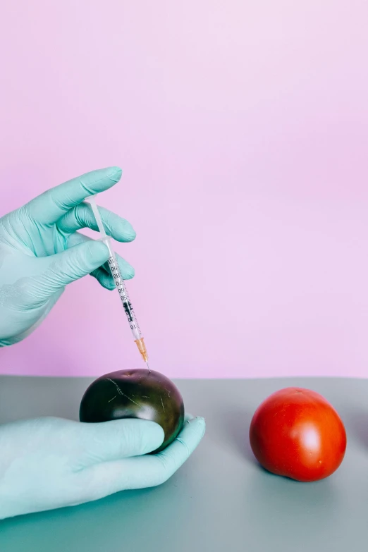 a person in blue gloves holding a syssor over a tomato, by Julia Pishtar, synthetism, syringe, backdrop, diagnostics, brown