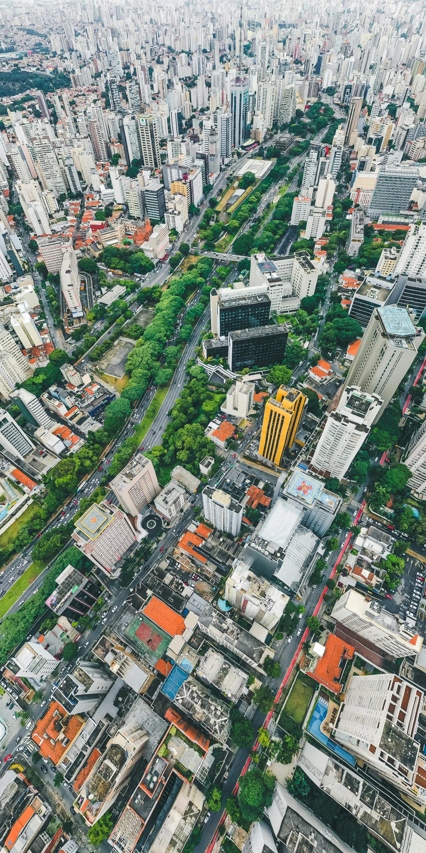 an aerial view of a city with lots of tall buildings, by Joze Ciuha, trending on pexels, photorealism, brazilian, square, overgrown city, 8 k high resolution image