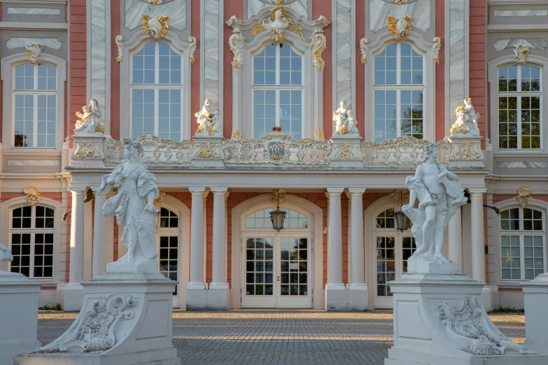 a large building with statues in front of it, pexels contest winner, rococo, white and pink cloth, lower saxony, entrance, inlaid with gold rococo