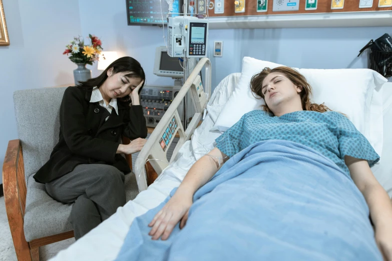 a woman laying in a hospital bed next to another woman, profile image, production photo, background image, disappointed