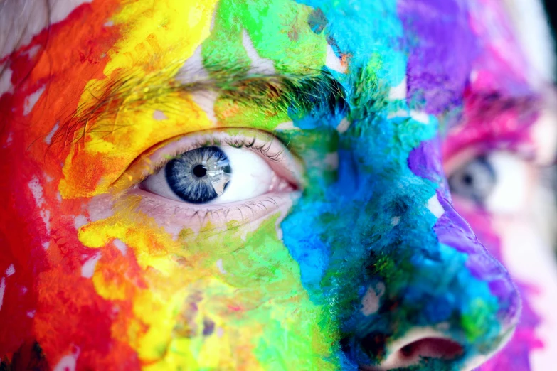 a close up of a person with paint on their face, trending on pexels, eyes are rainbow spirals, proud looking, closeup of face, lgbt