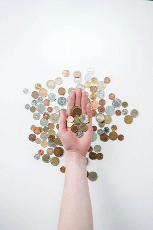 a person holding a bunch of coins in their hand, by Daniel Lieske, pexels contest winner, renaissance, on a white background, 15081959 21121991 01012000 4k, flatlay, made of money