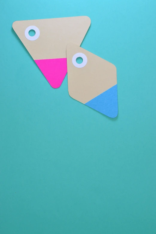 a pair of tags sitting on top of a blue surface, by Leon Polk Smith, conceptual art, diamond shaped face, pink nose, paper craft, behance lemanoosh