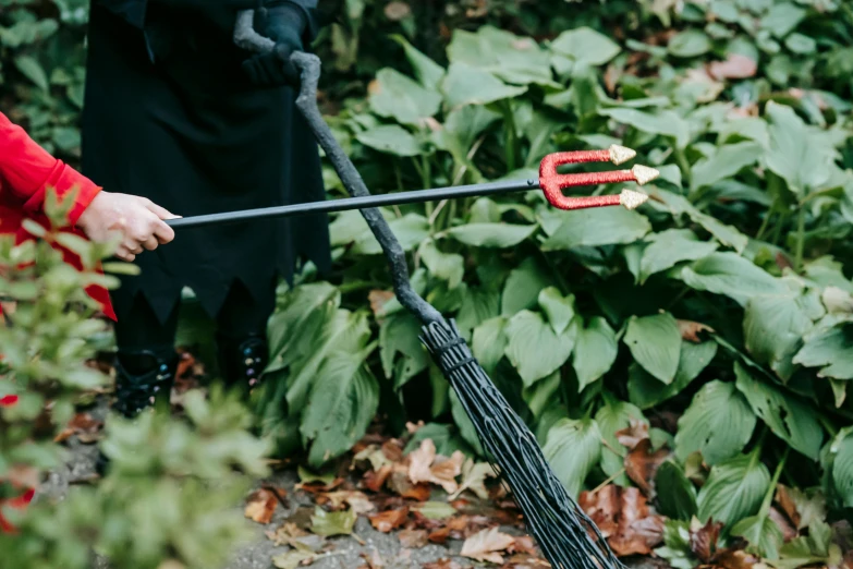 a close up of a person holding a broom, a cartoon, by Julia Pishtar, unsplash, the spider thicket, outside the school of magic, black steel with red trim, gardening