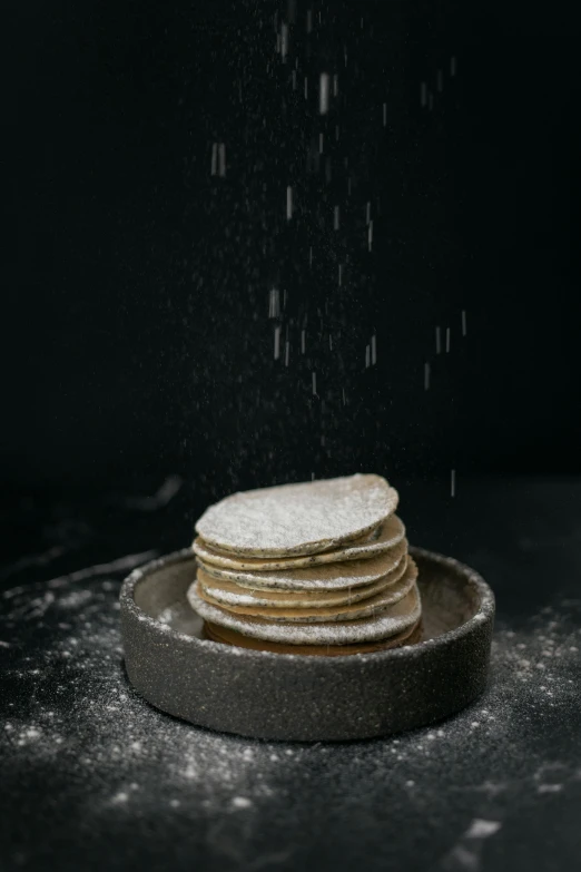 a stack of cookies sitting on top of a plate, a black and white photo, by Daniel Seghers, unsplash, renaissance, snow falling, flat pancake head, gold layers, mexico