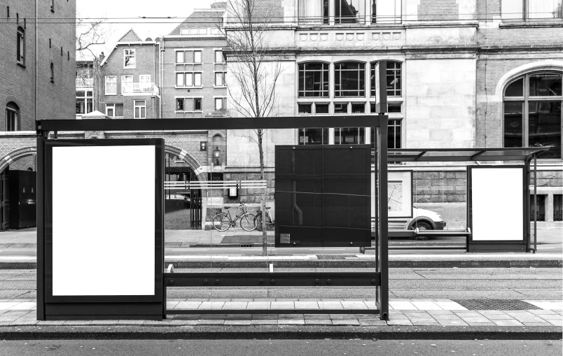 a black and white photo of a bus stop, a black and white photo, pexels, digital billboards, utrecht, complex background, billboard image