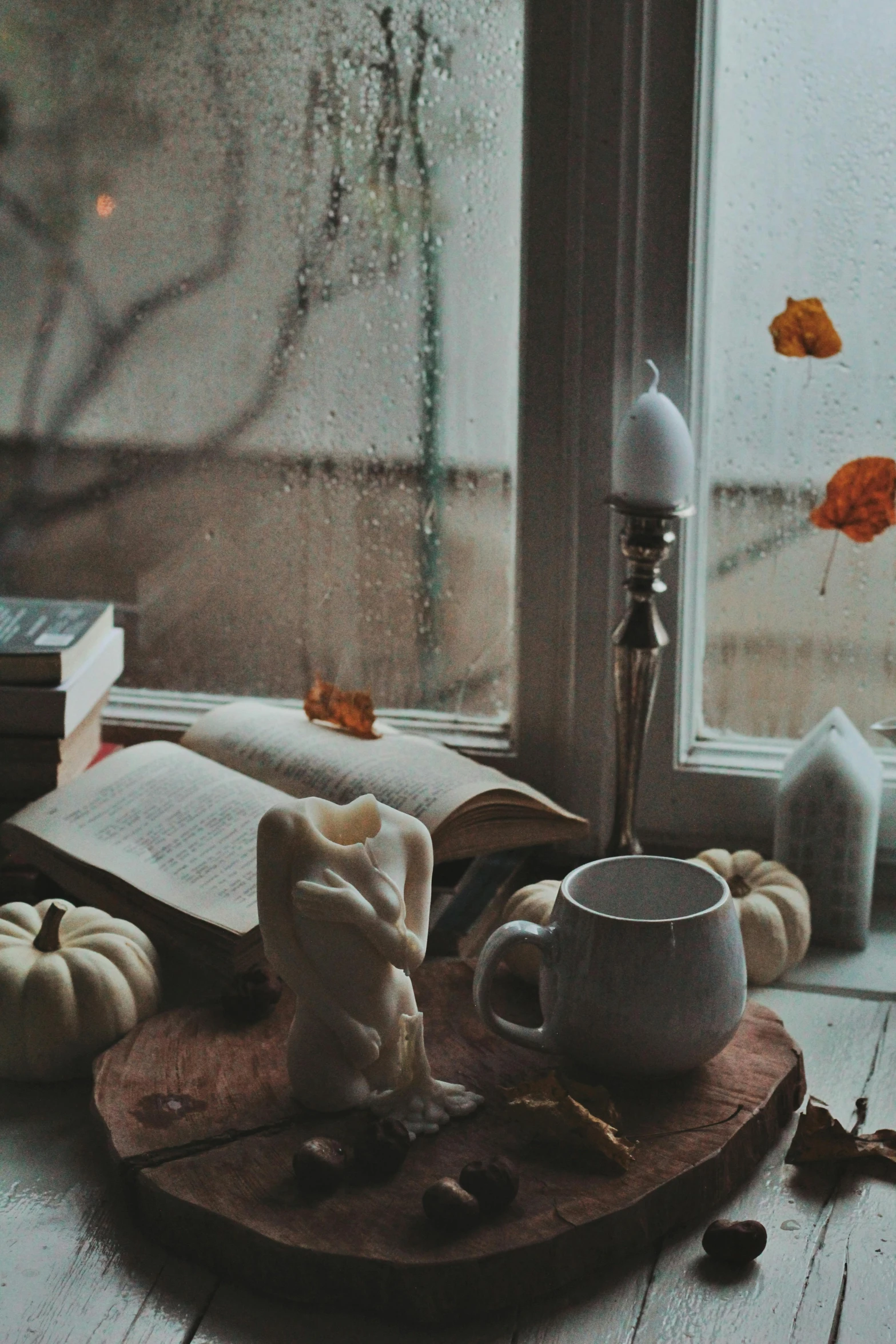 a cup of coffee sitting on top of a wooden plate next to a window, pexels contest winner, romanticism, halloween, rain lit, dusty library, in fall