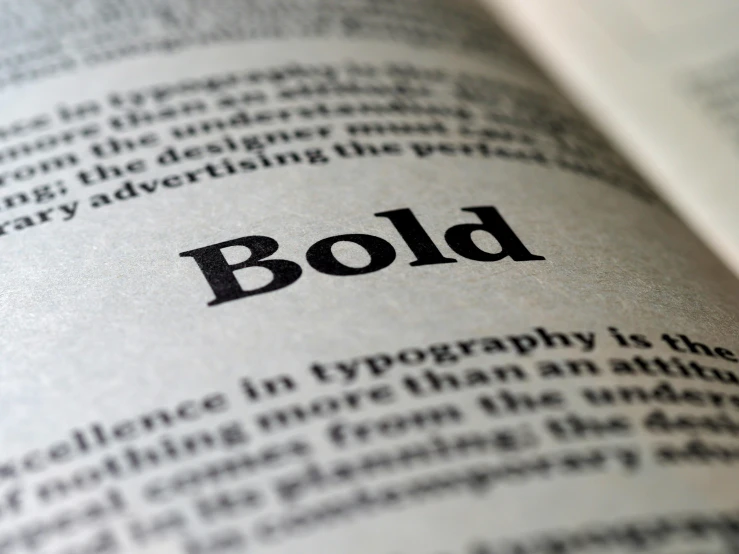 a book with the word bold written on it, inspired by Zsolt Bodoni, trending on unsplash, international typographic style, bolts, high quality printing, newspaper, medium - format print