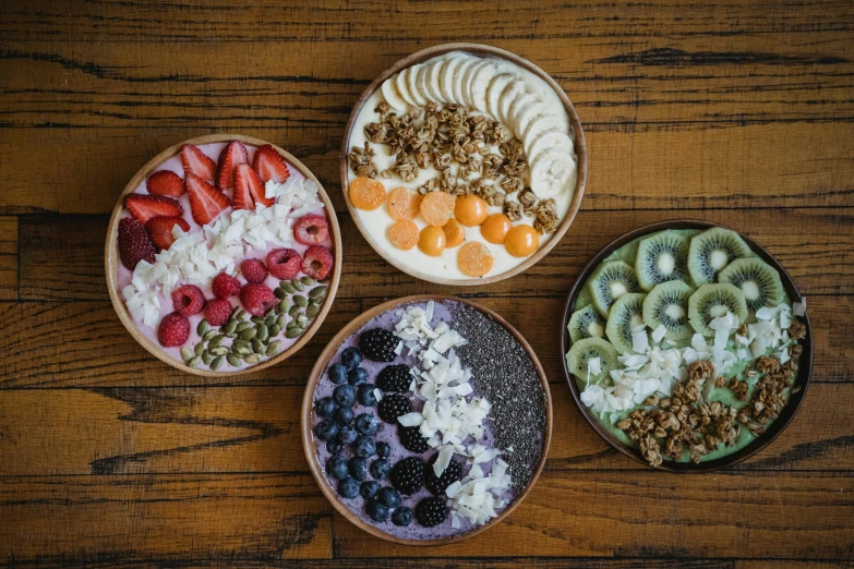 a number of bowls of food on a table, trending on unsplash, hurufiyya, vanilla smoothie explosion, melbourne, 🦩🪐🐞👩🏻🦳, fruit bowl