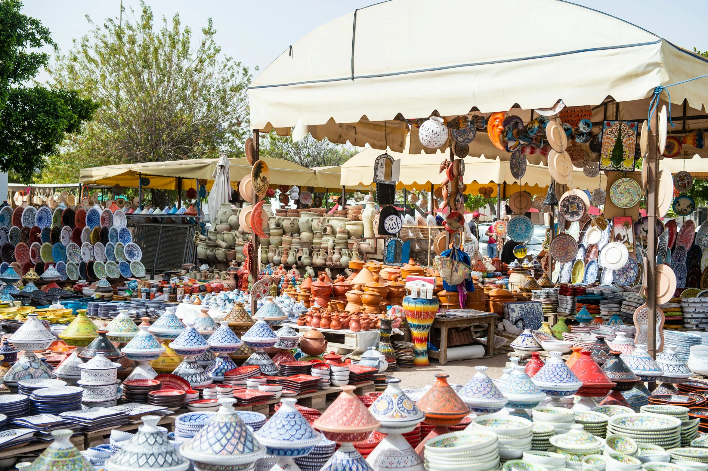 a market filled with lots of different types of pottery, by Julia Pishtar, square, sunny sky, fan favorite, girih