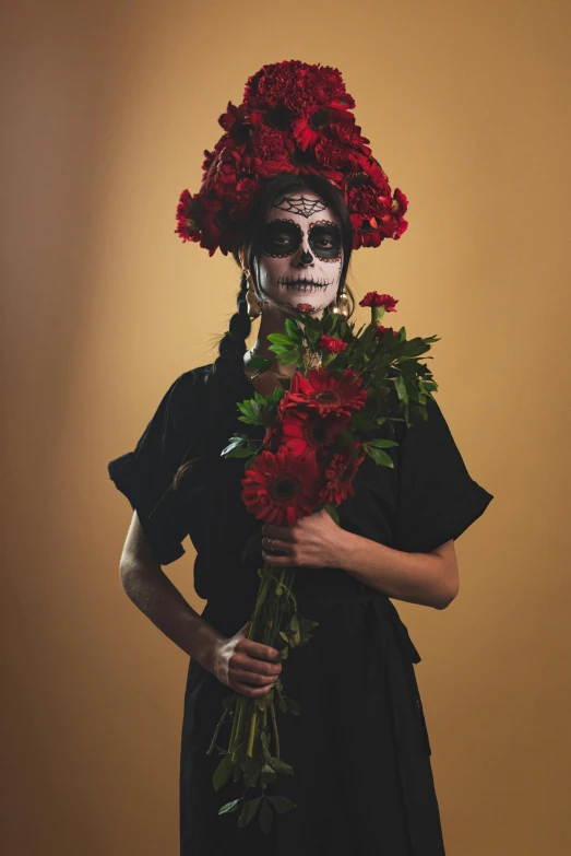 a woman in day of the dead makeup holding a bouquet of flowers, pexels contest winner, vanitas, black on red, fullbody or portrait, flowers growing out of its head, catholic