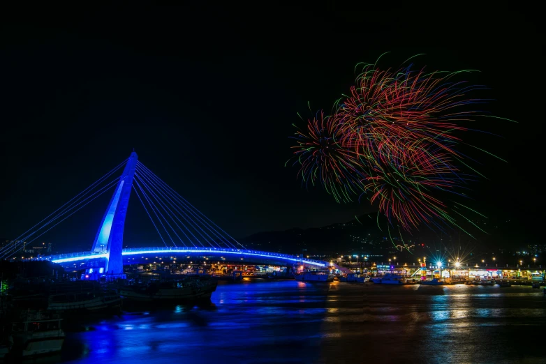 fireworks light up the night sky over a bridge, a portrait, hurufiyya, color ( sony a 7 r iv, blue, image, paisley