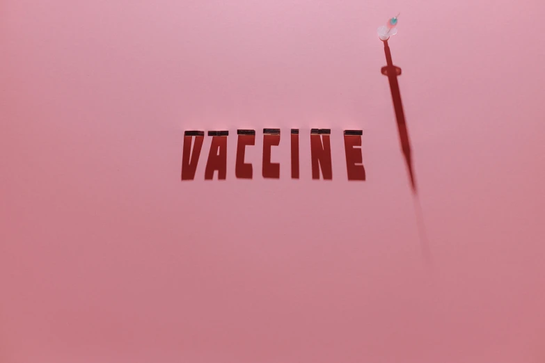 a close up of the word vaccine on a pink background, an album cover, by Attila Meszlenyi, beeple daily art, stock footage, clemens ascher, 1960