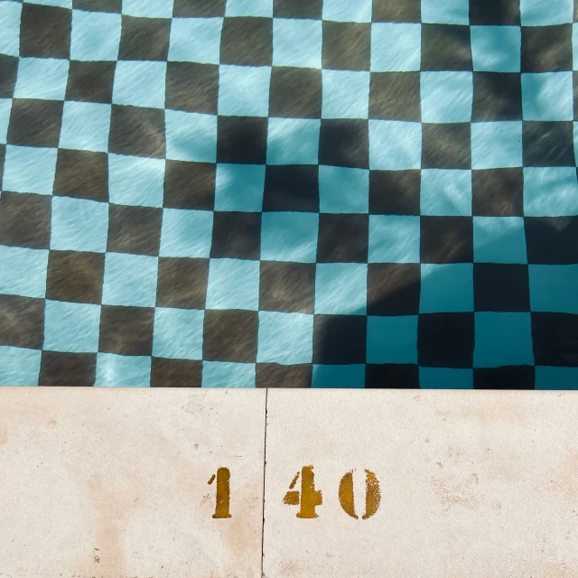 a black and white checkered blanket next to a pool, an album cover, unsplash, op art, anno 1404, brown and cyan blue color scheme, 1 8 4 0 s, numerical