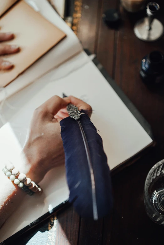 a person sitting at a table writing on a book, by Sophie Pemberton, trending on pexels, renaissance, feathers growing from arms, silver accessories, holding it out to the camera, leather jewelry