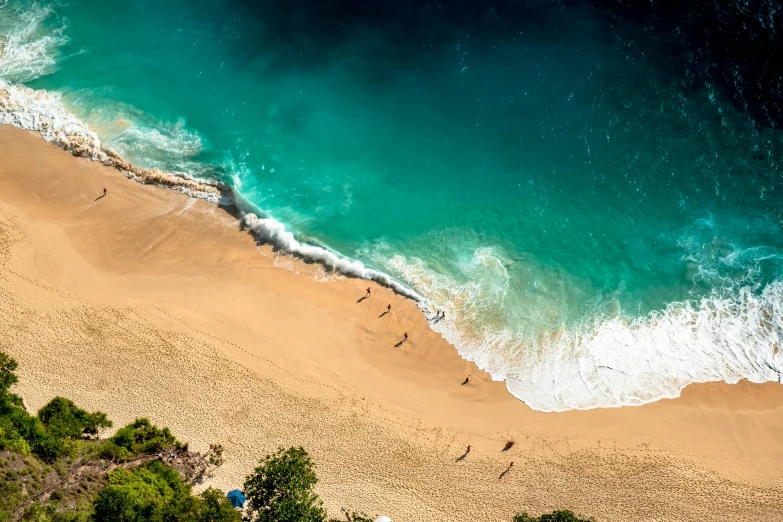 a group of people standing on top of a sandy beach, by Daniel Lieske, pexels contest winner, happening, turquoise ocean, helicopter view, thumbnail, bali