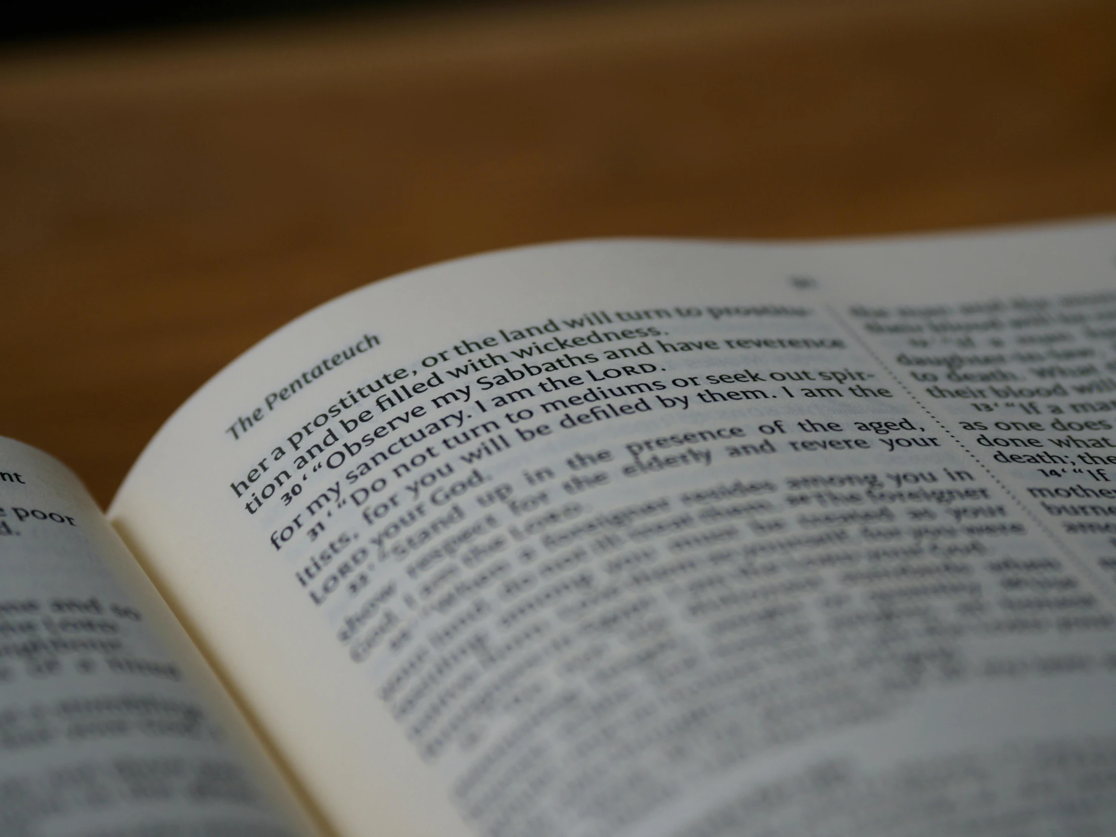 an open book sitting on top of a wooden table, unsplash, private press, coherent text english characters, zoomed in, religious, looking across the shoulder