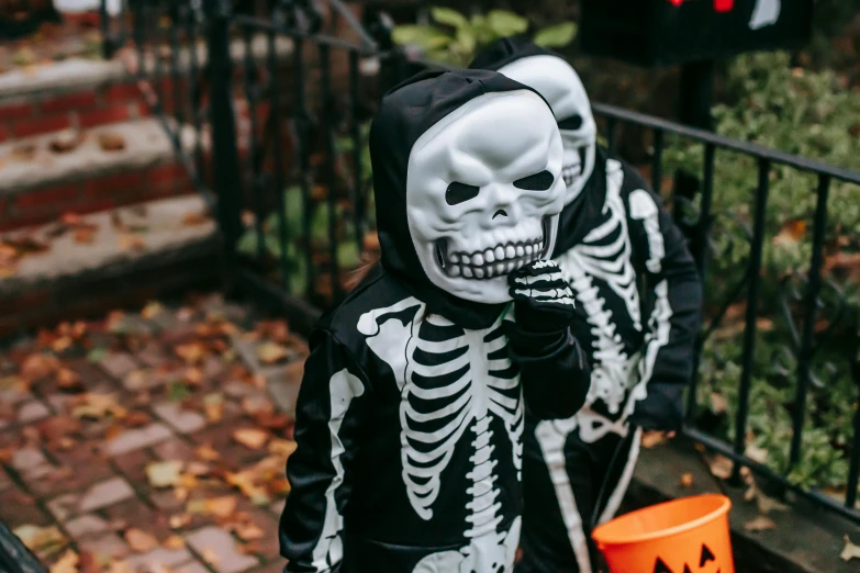a little boy dressed up in a skeleton costume, by Helen Stevenson, pexels, twins, trick or treat, gif, bowater charlie and brom gerald