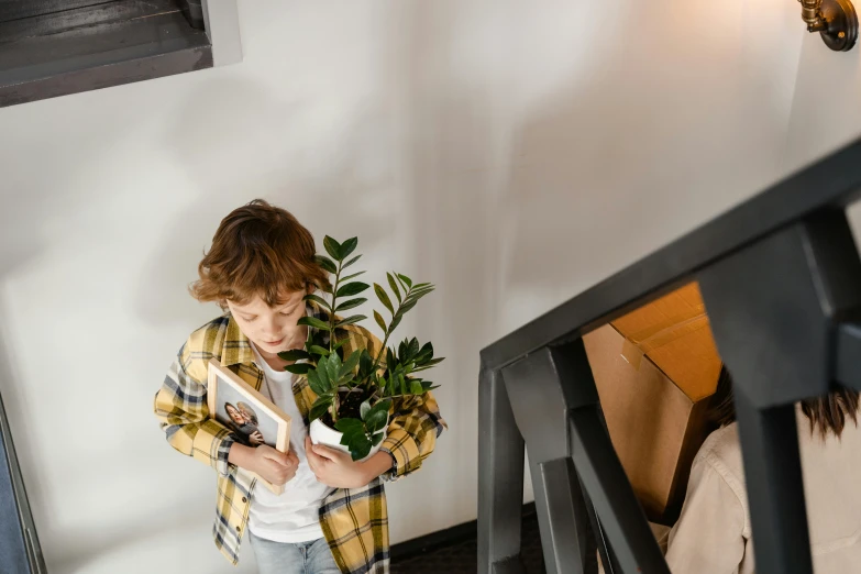 a woman standing at the bottom of a flight of stairs holding a potted plant, by Andries Stock, pexels contest winner, happening, young boy, holding a book, inspect in inventory image, 15081959 21121991 01012000 4k