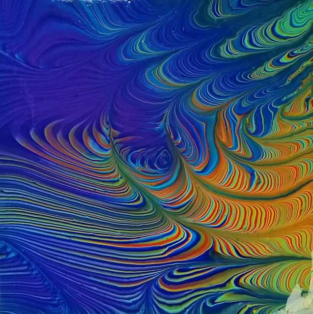 a close up of a colorful painting on a piece of paper, an album cover, by George Aleef, swirling liquids, beautiful glass work, moire, indigo rainbow