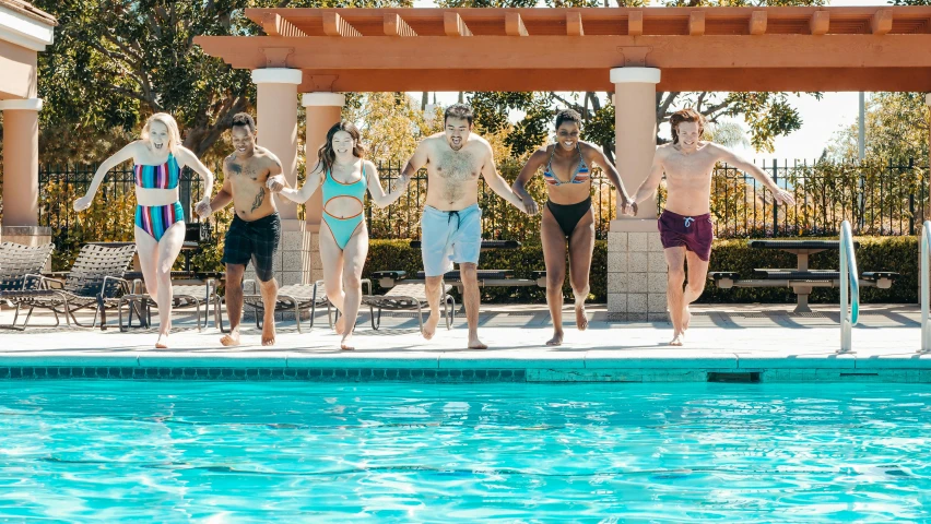 a group of people standing next to a swimming pool, floating in the air, pokimane, head to toe, bay area