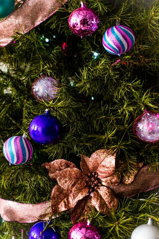 a close up of a christmas tree with ornaments, fuchsia and blue, environmental shot, purple, globes