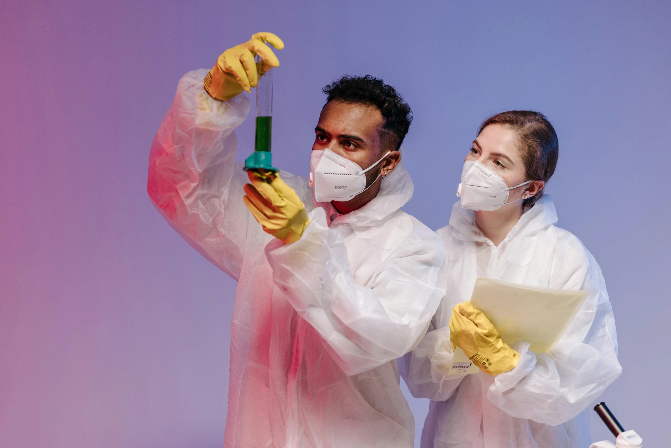 a couple of people standing next to each other, pexels contest winner, analytical art, staff wearing hazmat suits, with a lab coat, tools for science research, thumbnail