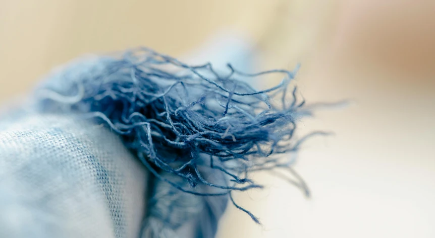 a close up of a piece of blue fabric, by Helen Stevenson, unsplash, process art, detailed intricate hair strands, natural sunlight, wiry, high quality photo