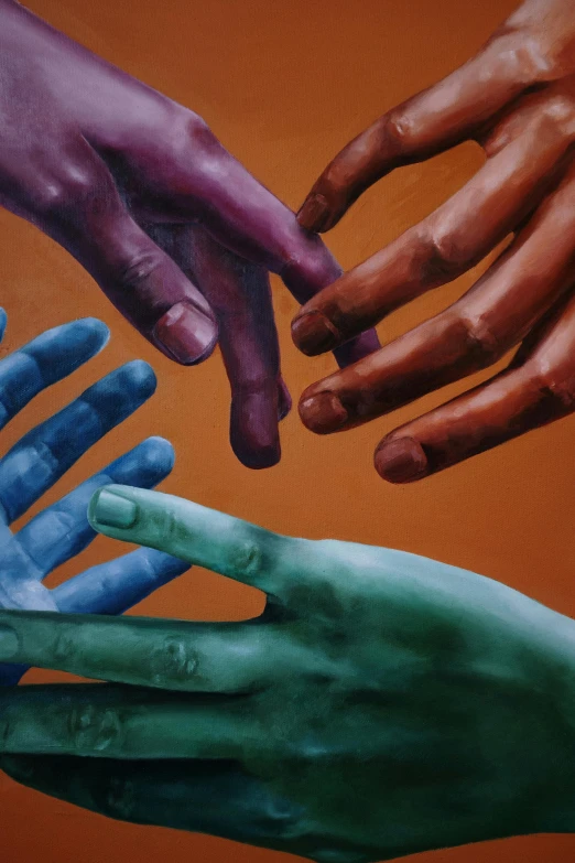 a group of hands reaching for each other, a painting, by Tom Scott RSA, orange and turquoise and purple, politics, ilustration, closeup of arms