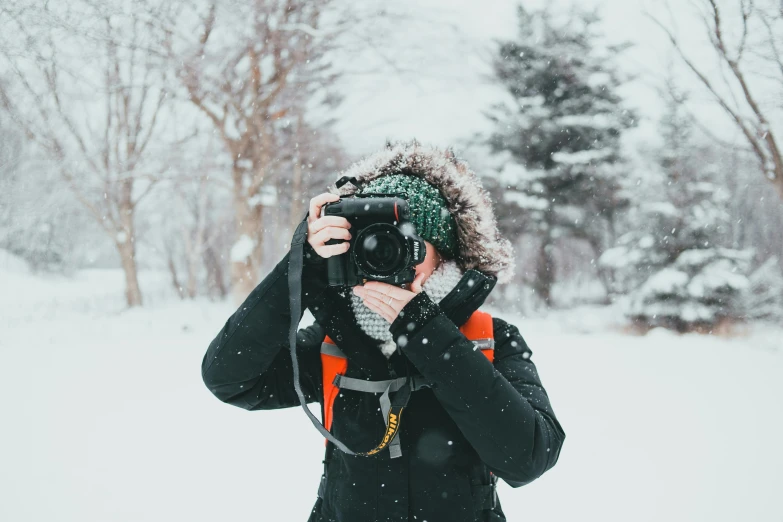 a person taking a picture with a camera in the snow, all looking at camera