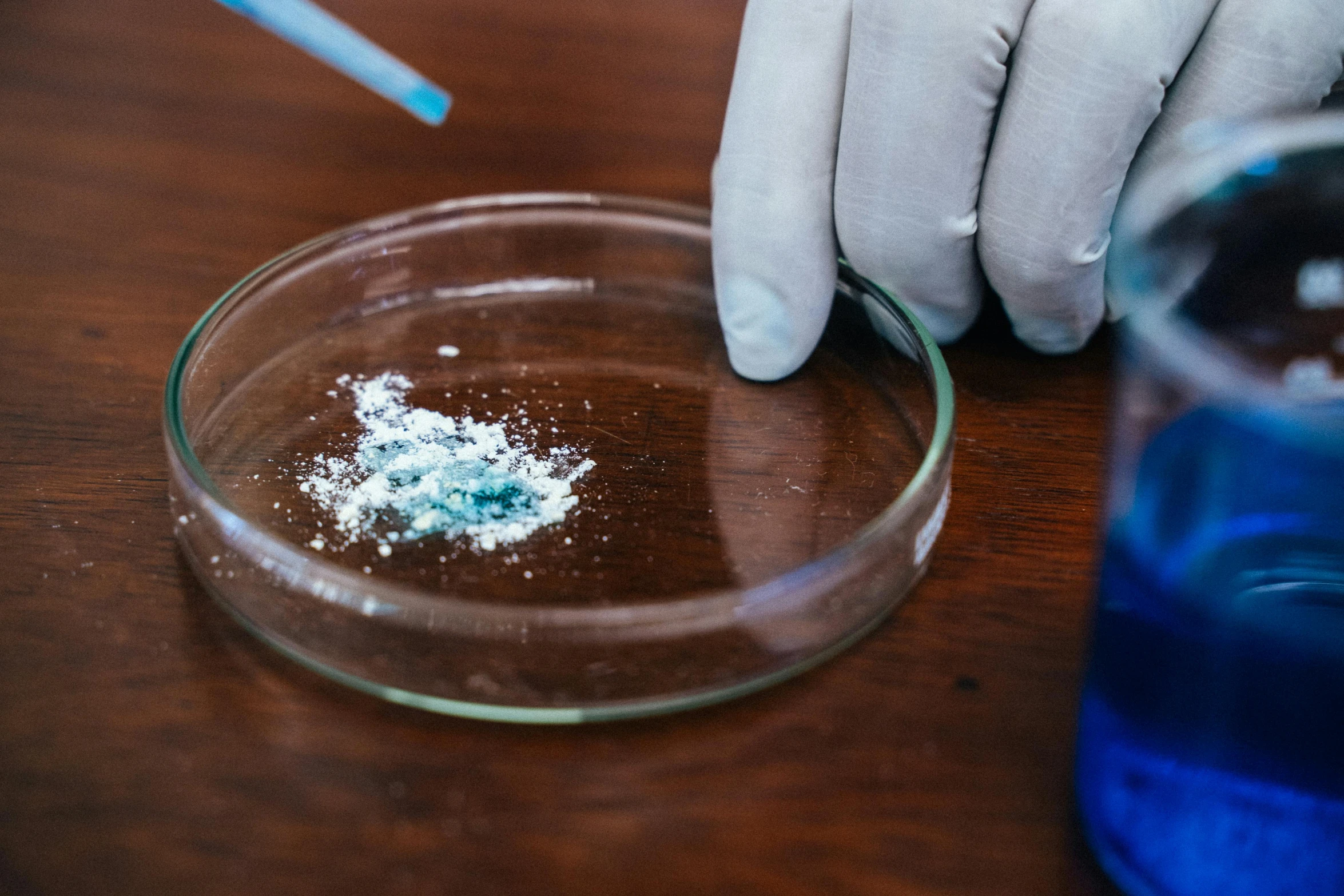 a person in white gloves holding a blue substance in a petri dish, inspired by Elsa Bleda, pexels, cocaine, on a table, crime scene, 🎨🖌️