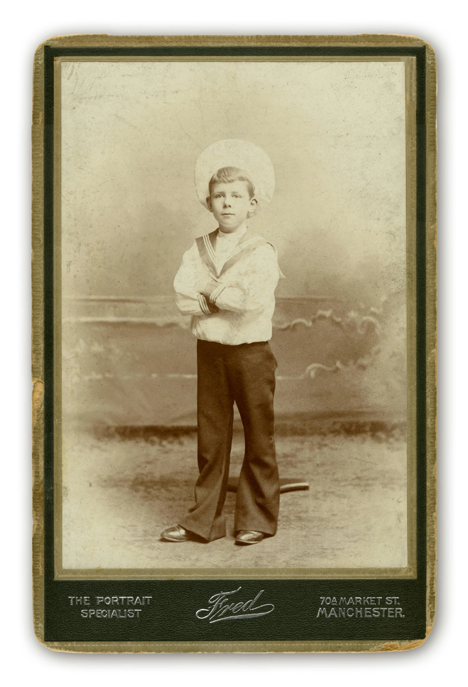 a black and white photo of a young boy, a colorized photo, folk art, fullbody of standing tom selleck, maritime, framed in image, promo image