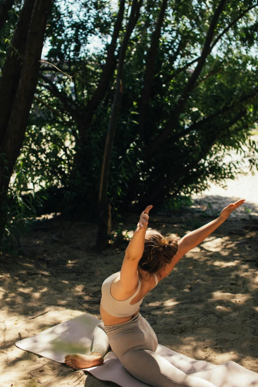 a woman doing a yoga pose in the woods, unsplash, renaissance, dancing on a tropical beach, sunny day time, low quality photo, back arched