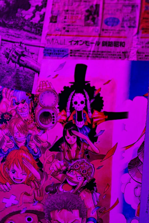 a bunch of anime characters on a wall, inspired by Eiichiro Oda, conceptual art, purple scene lighting, 256x256, blacklight aesthetic, nami from one piece