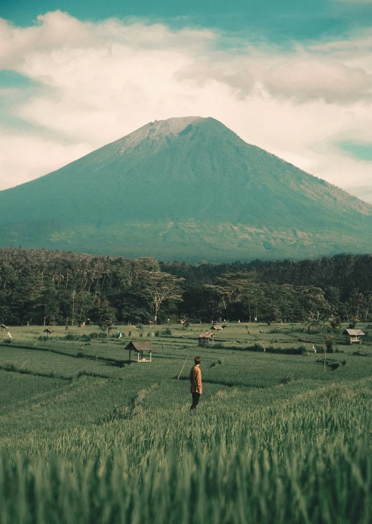 a person standing in a field with a mountain in the background, a picture, inspired by Josetsu, trending on unsplash, sumatraism, green field with village ruins, active volcano, 🚿🗝📝