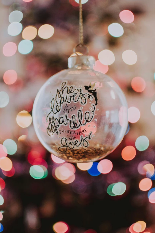 a christmas ornament hanging from a christmas tree, by Julia Pishtar, flowing lettering, loveable guy, inside glass orb, sparkels