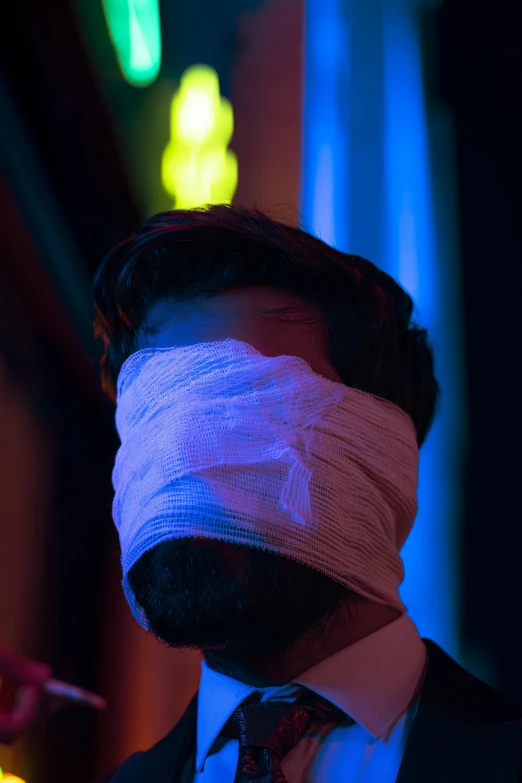 a man with a bandage on his face smoking a cigarette, an album cover, unsplash, taken in night club, police tape, facepalm, headshot profile picture