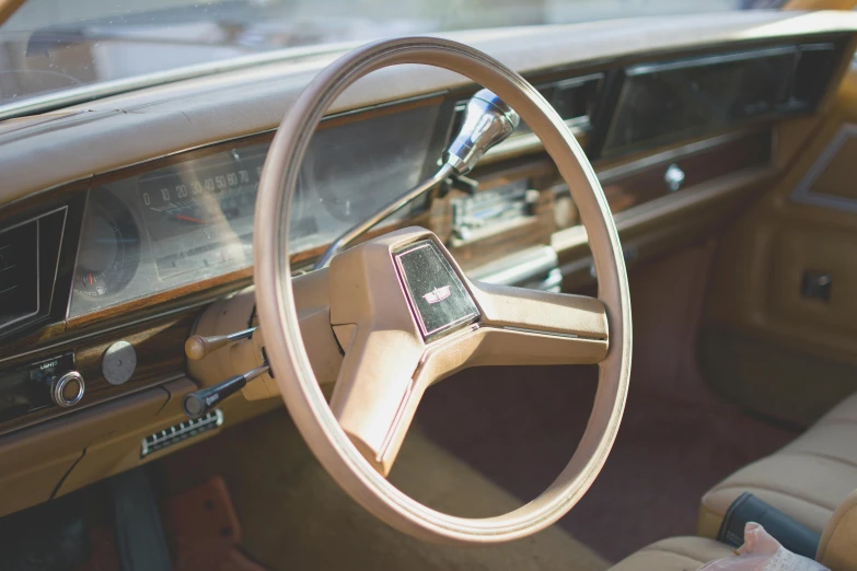 a close up of a steering wheel in a car, a portrait, by Joe Bowler, unsplash, renaissance, square, earth tones and soft color 1976, inside a grand, photo taken with provia